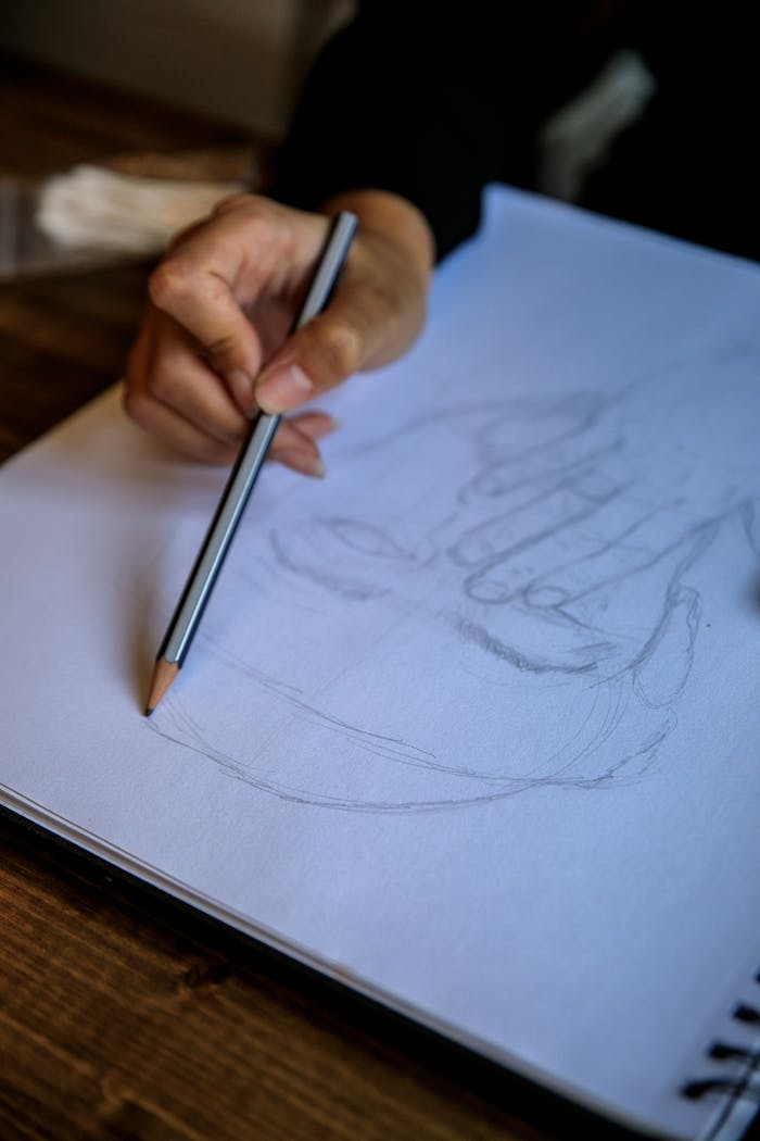 A person sketching a face with a pencil in a spiral notebook. Artistic creativity in motion.