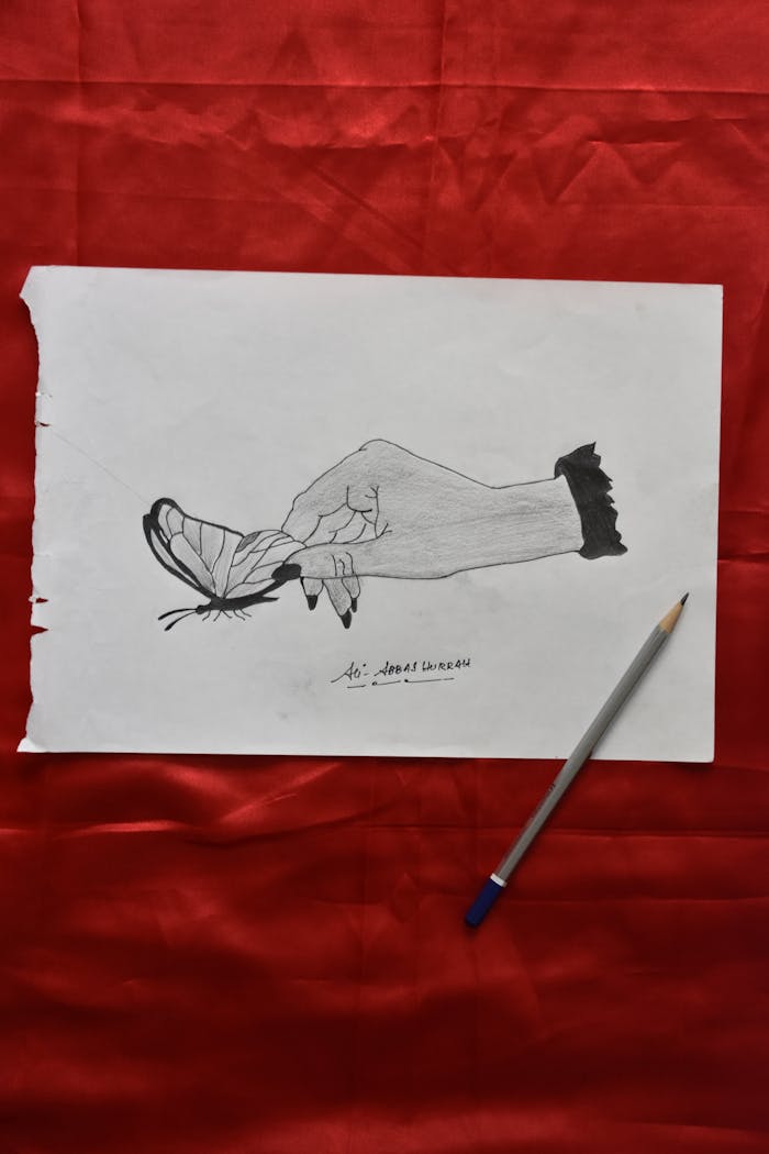 Pencil sketch of a hand and butterfly on paper over vibrant red fabric.
